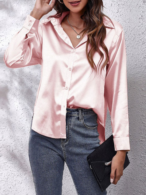 Blouse boutonnée aspect satin à manches longues pour femmes