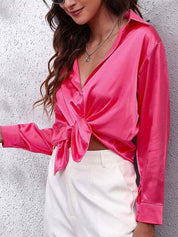 Satijn Look Button Up Blouse Met Lange Mouwen Voor Vrouwen