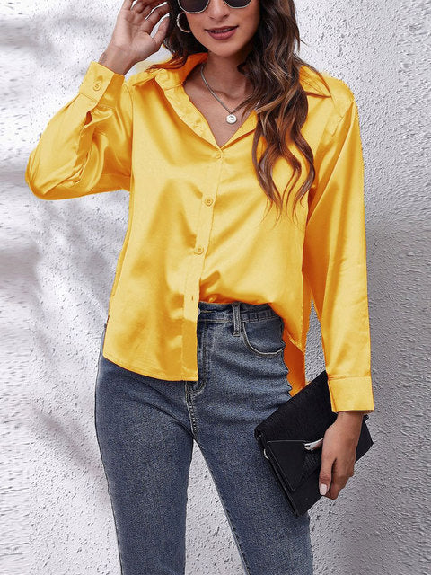 Blouse boutonnée aspect satin à manches longues pour femmes