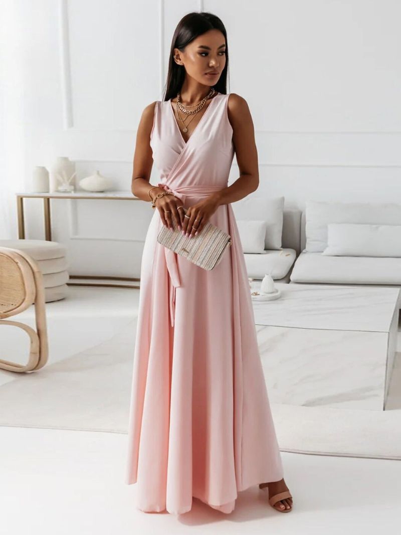 Elegant Cocktail Maxi Dress with V-Neck and Bow Detail