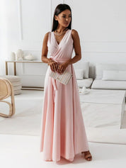 Elegant Cocktail Maxi Dress with V-Neck and Bow Detail