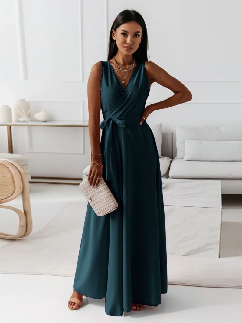 Elegant Cocktail Maxi Dress with V-Neck and Bow Detail