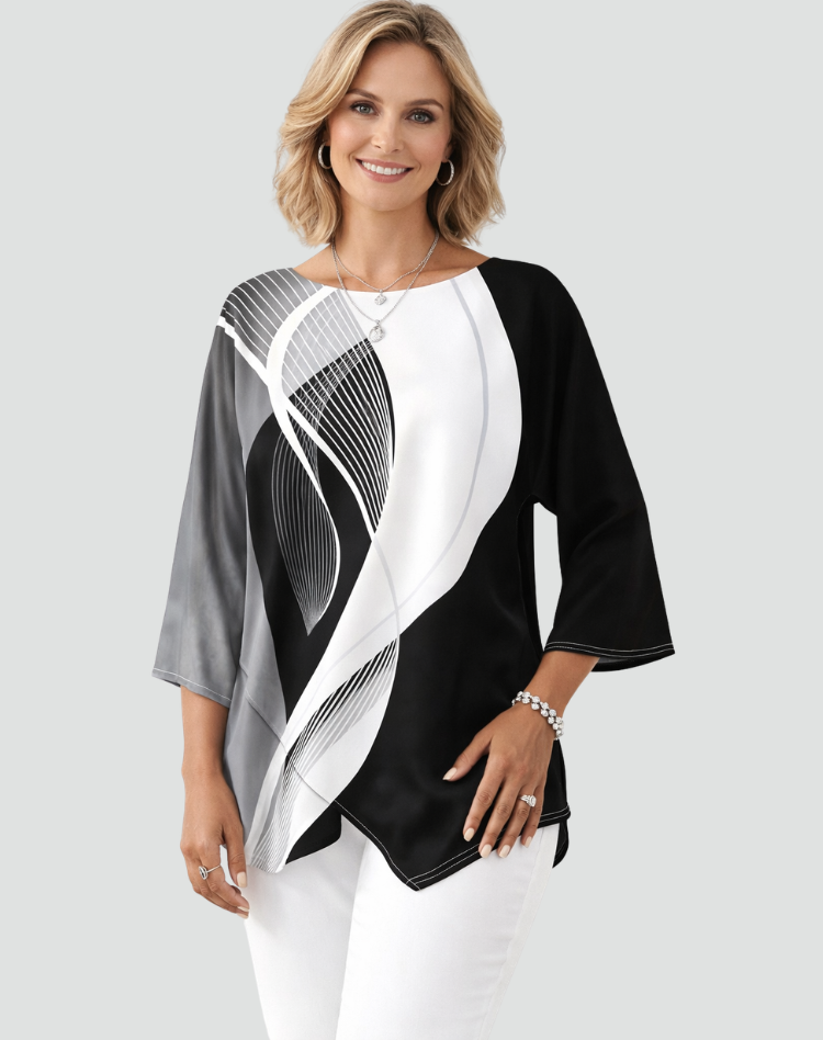 Geometrische Blouse Met Driekwart Mouwen En Print