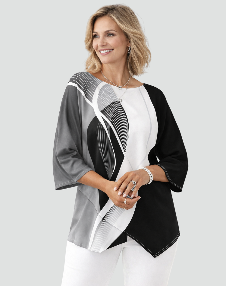 Geometrische Blouse Met Driekwart Mouwen En Print