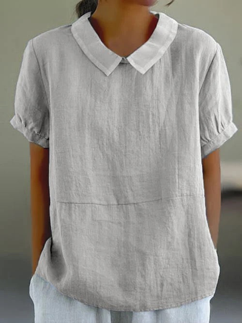 Top with Contrasting Collar and Short Puff Sleeves for Women