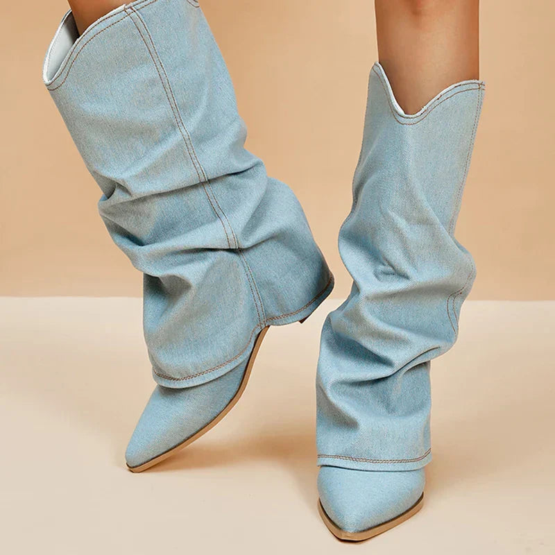 Dames Denim Cowboy Laarzen Hoge Western Puntneus