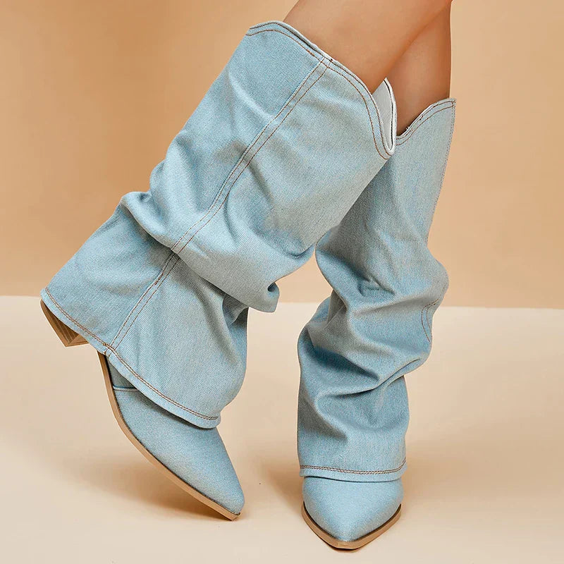 Dames Denim Cowboy Laarzen Hoge Western Puntneus