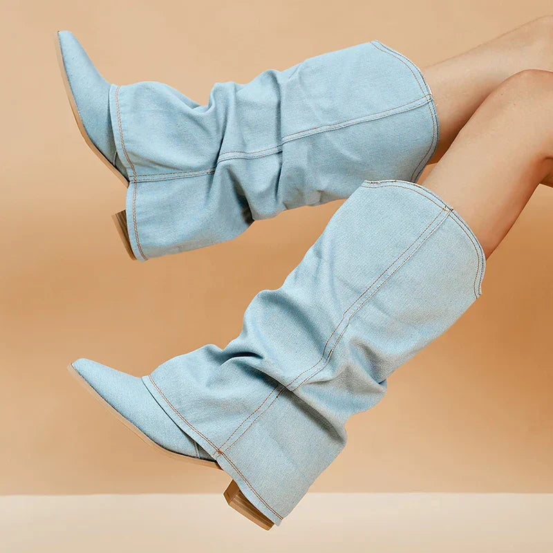 Dames Denim Cowboy Laarzen Hoge Western Puntneus