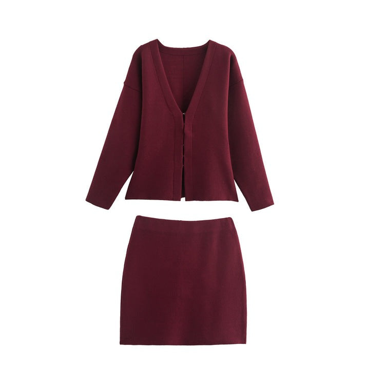 Getailleerde Gebreide Dames Top-en-Rok Set met V-Hals en Haaksluiting