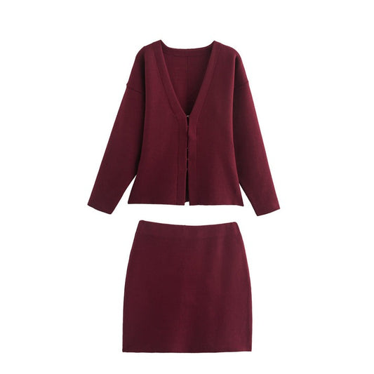Getailleerde Gebreide Dames Top-en-Rok Set met V-Hals en Haaksluiting