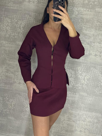 Getailleerde Gebreide Dames Top-en-Rok Set met V-Hals en Haaksluiting