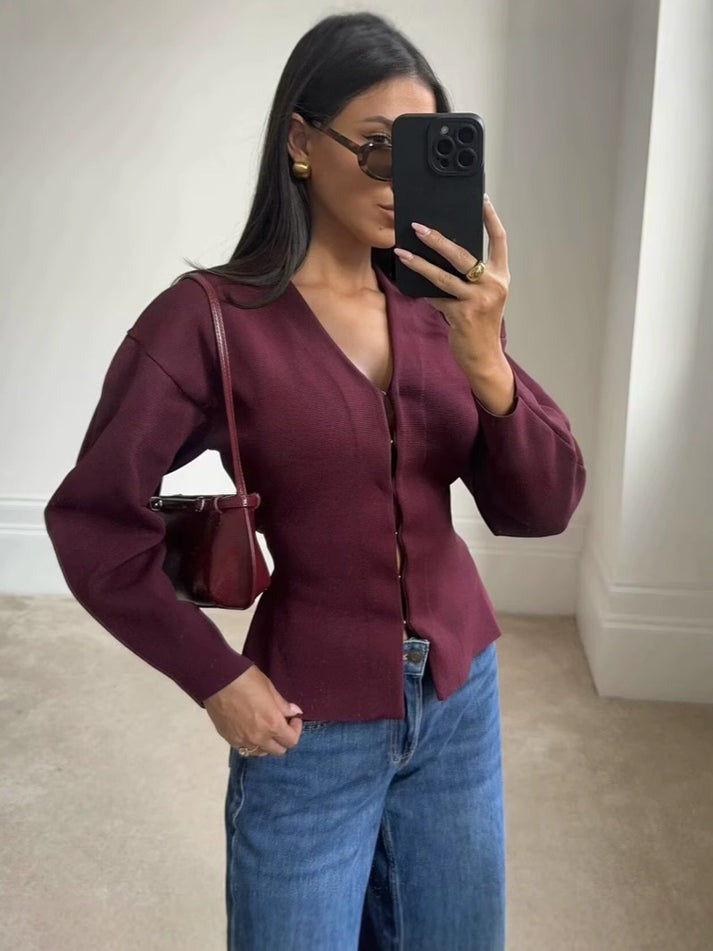 Getailleerde Gebreide Dames Top-en-Rok Set met V-Hals en Haaksluiting