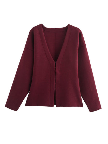 Getailleerde Gebreide Dames Top-en-Rok Set met V-Hals en Haaksluiting