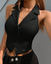 Getailleerde Dames Zwarte Gilet Top met Mouwloos en Knoopsluiting
