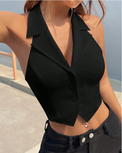 Getailleerde Dames Zwarte Gilet Top met Mouwloos en Knoopsluiting