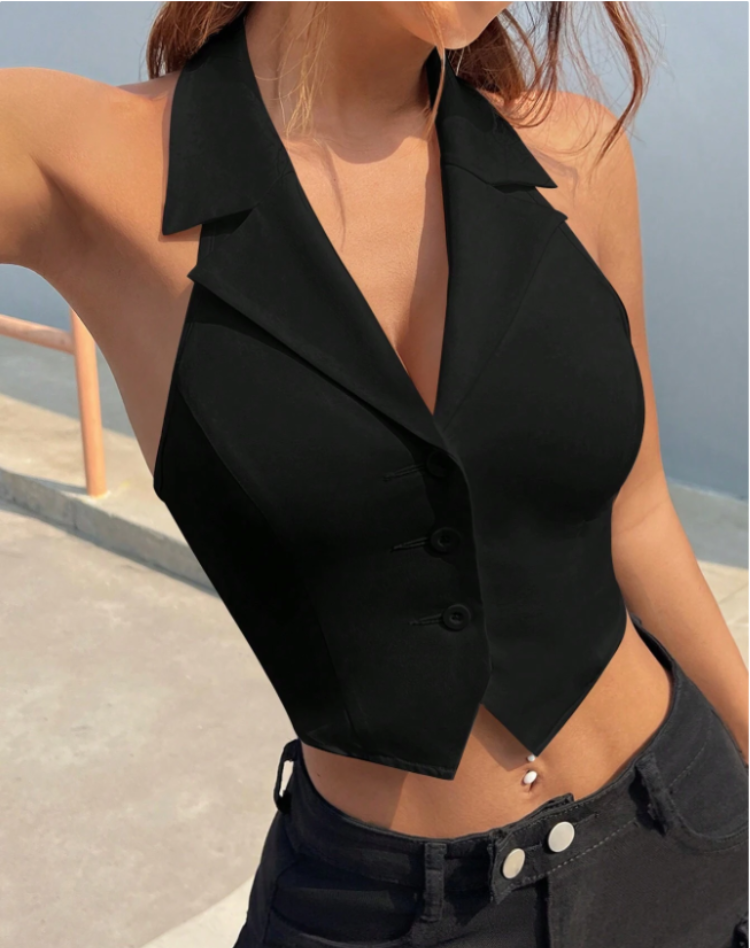 Getailleerde Dames Zwarte Gilet Top met Mouwloos en Knoopsluiting