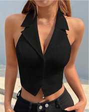 Getailleerde Dames Zwarte Gilet Top met Mouwloos en Knoopsluiting