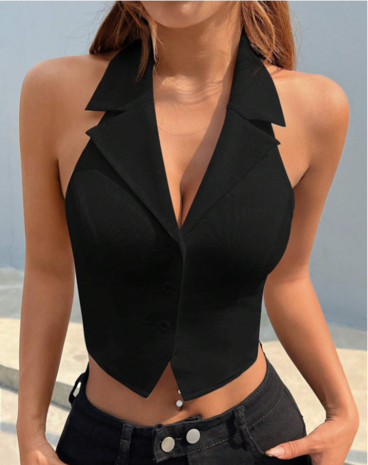 Getailleerde Dames Zwarte Gilet Top met Mouwloos en Knoopsluiting
