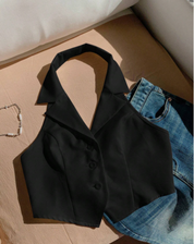 Getailleerde Dames Zwarte Gilet Top met Mouwloos en Knoopsluiting