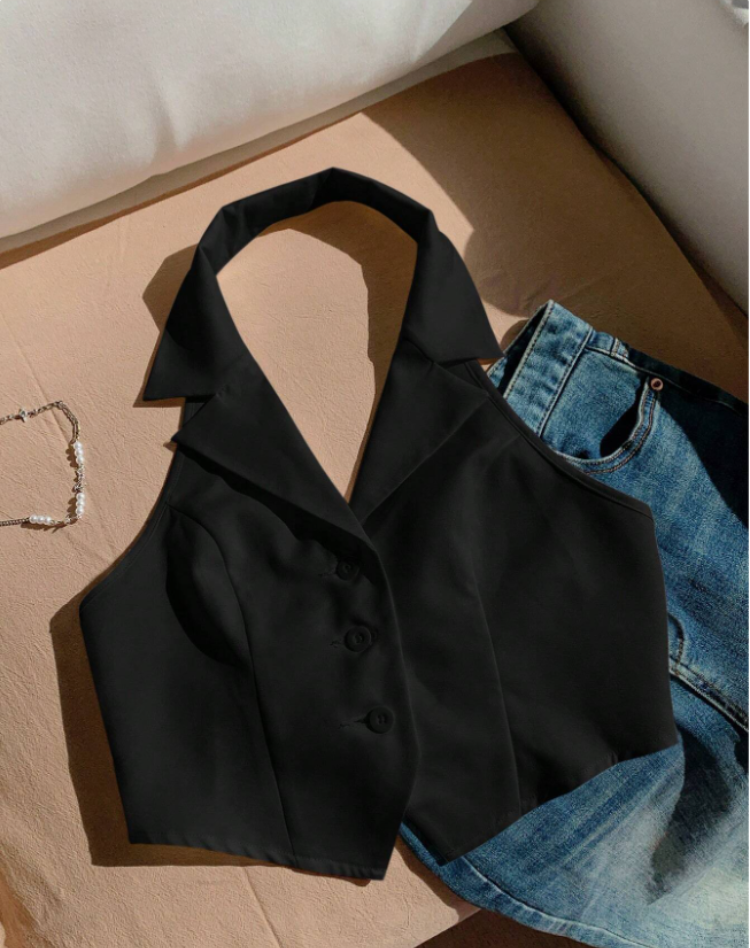 Getailleerde Dames Zwarte Gilet Top met Mouwloos en Knoopsluiting