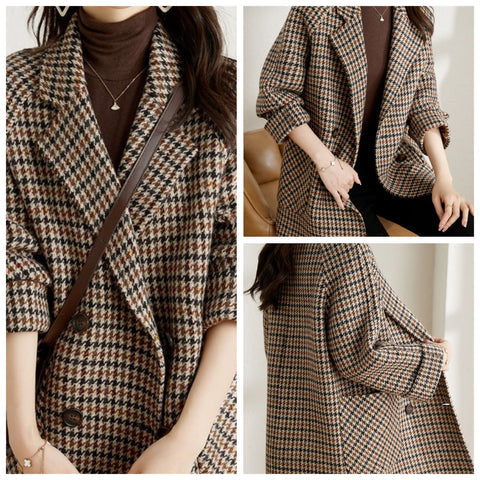 Bruine Elegante Geruite Winter Manteljas Dames