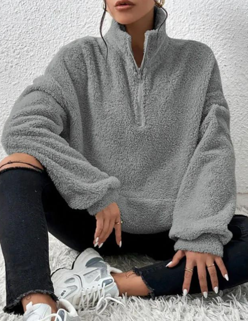 Zachte Warme Fleece Trui Dames met Half Zip en Hoge Kraag