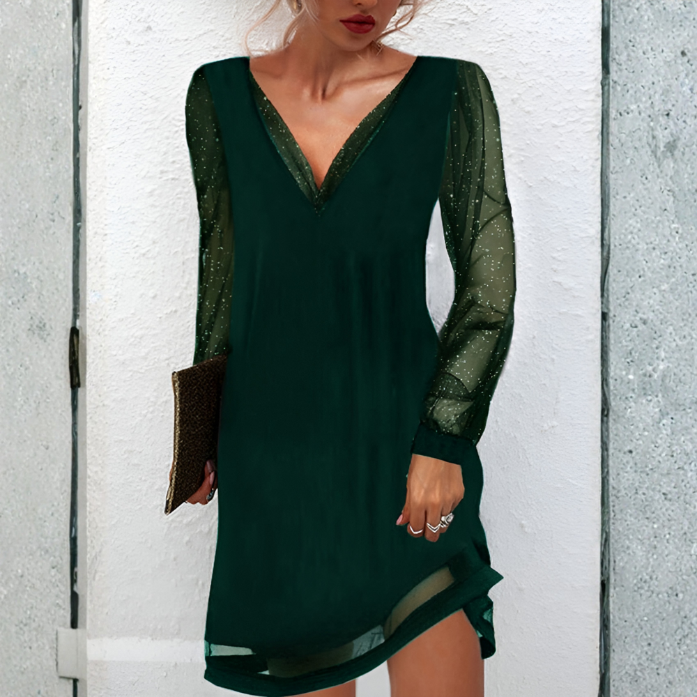 Robe de soirée avec col en V et manches pailletées pour femmes