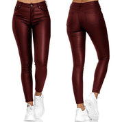 Dames Vrouwelijke Skinny Broek in Leerlook met Stretch en Zakken