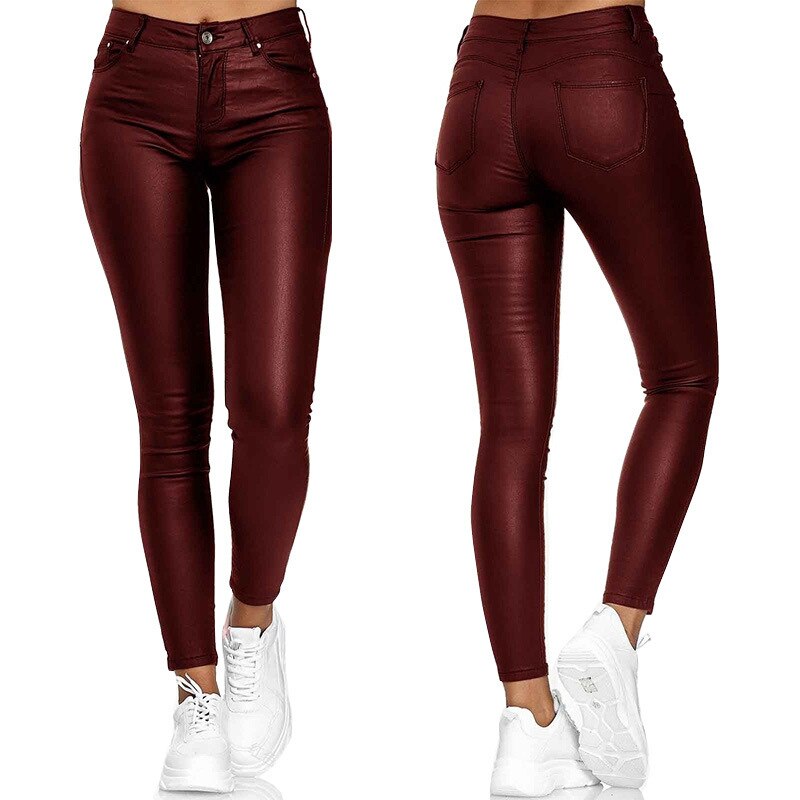 Dames Vrouwelijke Skinny Broek in Leerlook met Stretch en Zakken