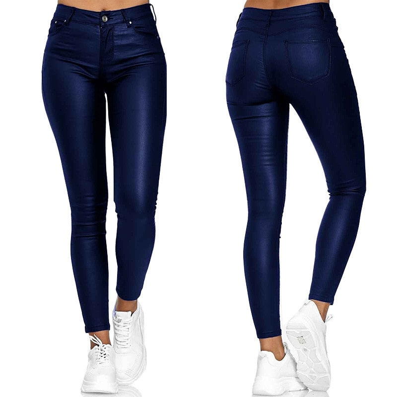 Dames Vrouwelijke Skinny Broek in Leerlook met Stretch en Zakken