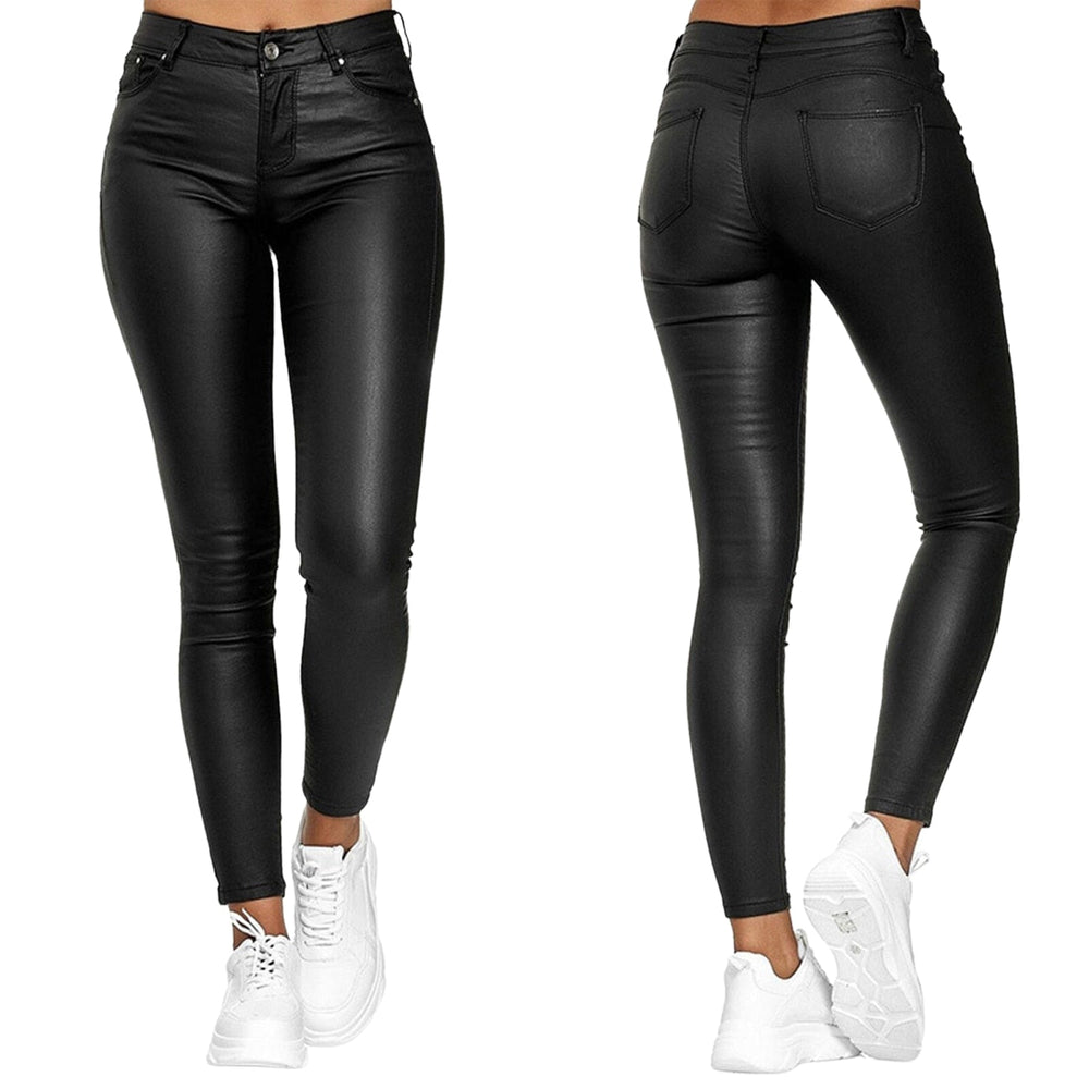 Dames Vrouwelijke Skinny Broek in Leerlook met Stretch en Zakken