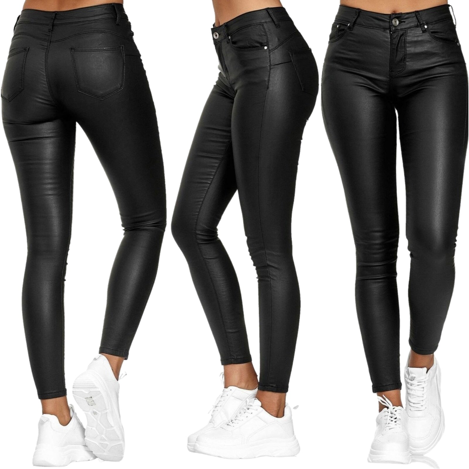 Dames Vrouwelijke Skinny Broek in Leerlook met Stretch en Zakken
