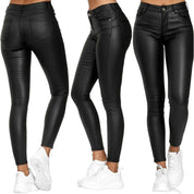 Dames Vrouwelijke Skinny Broek in Leerlook met Stretch en Zakken