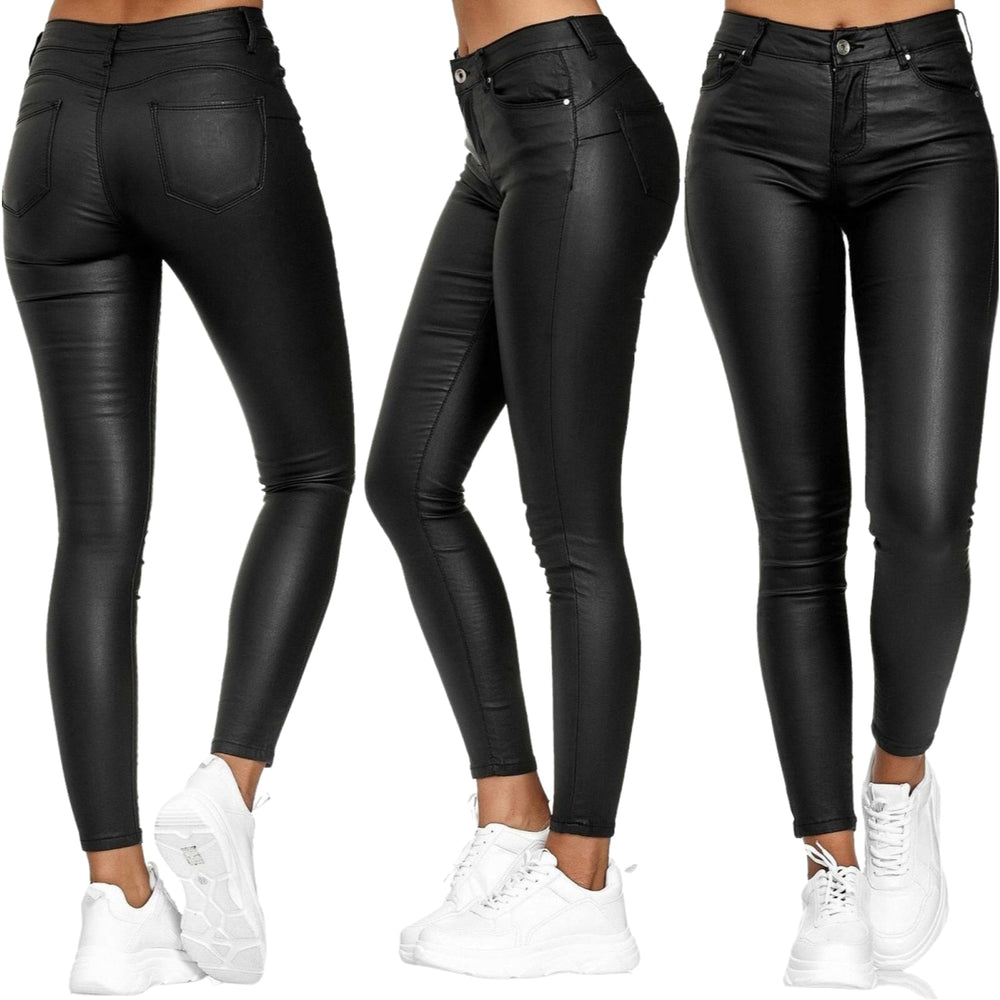 Dames Vrouwelijke Skinny Broek in Leerlook met Stretch en Zakken