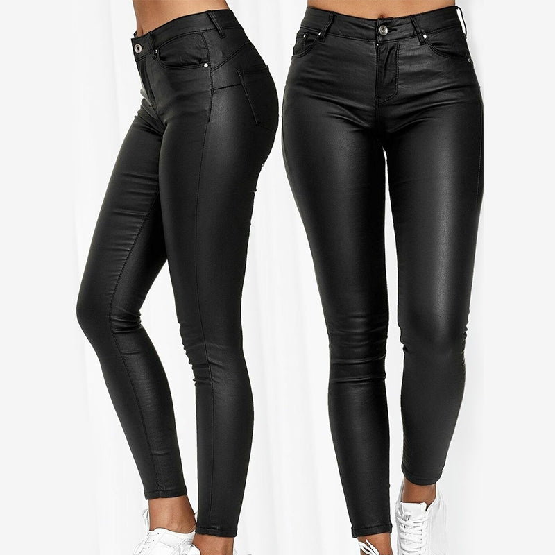 Dames Vrouwelijke Skinny Broek in Leerlook met Stretch en Zakken