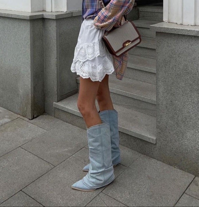 Dames Denim Cowboy Laarzen Hoge Western Puntneus