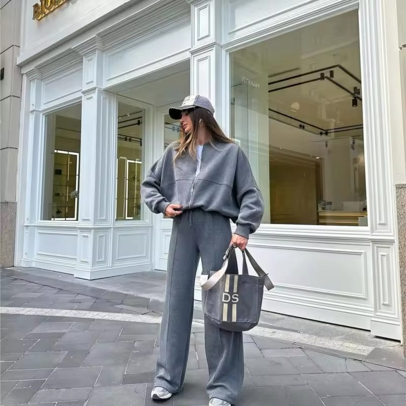 Jogging Set with Zipper Jacket and Wide Legs for Women