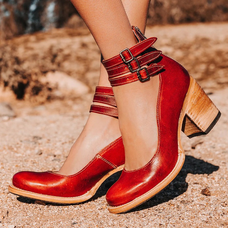 Vintage Women's Pumps with Strap Buckles and Block Heel
