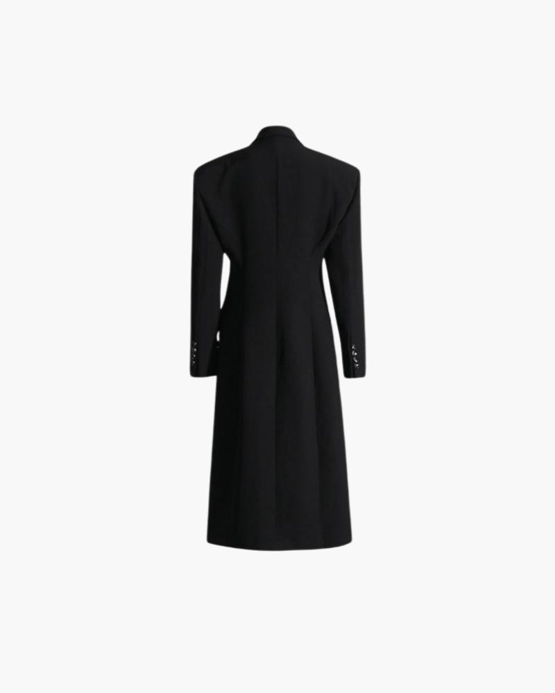 Zwart Lange Wollen Trenchcoat Met Revers Voor Vrouwen