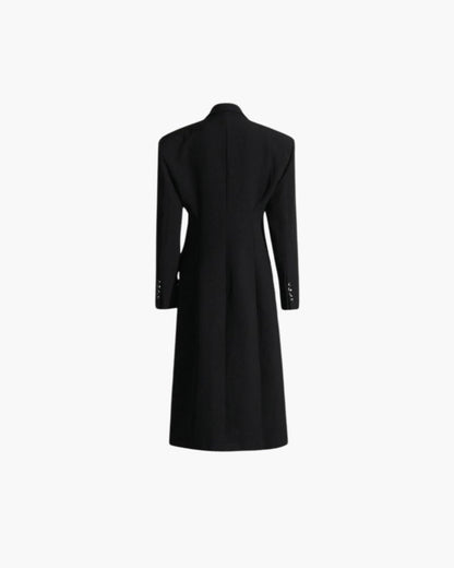 Zwart Lange Wollen Trenchcoat Met Revers Voor Vrouwen