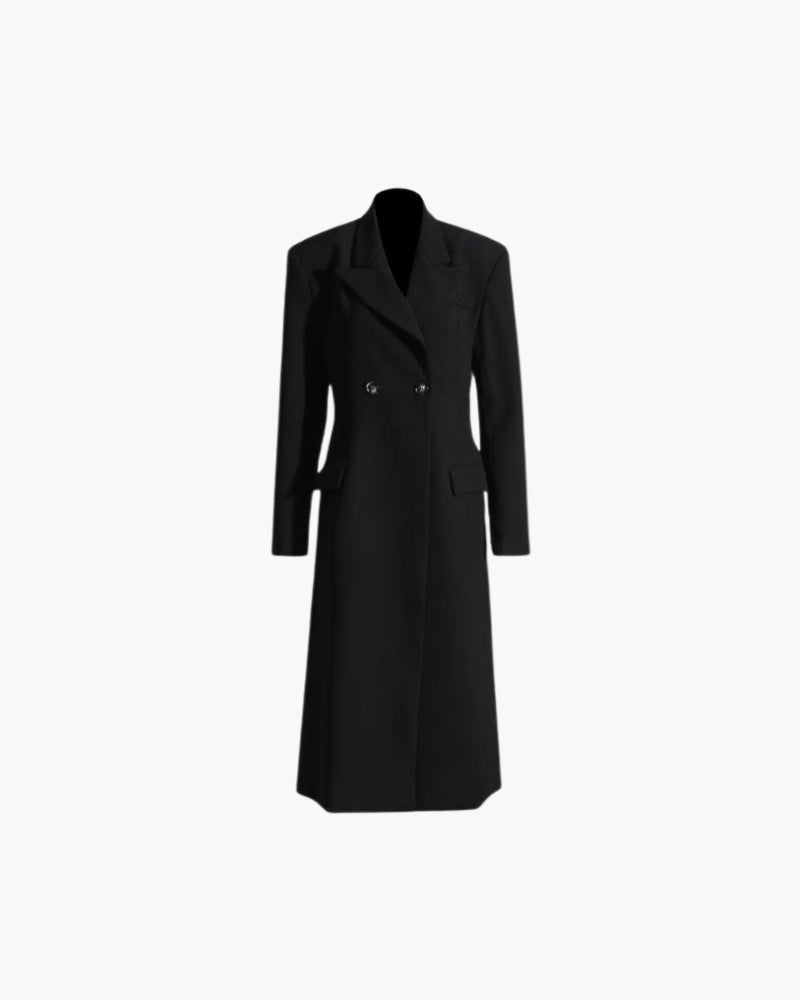 Zwart Lange Wollen Trenchcoat Met Revers Voor Vrouwen