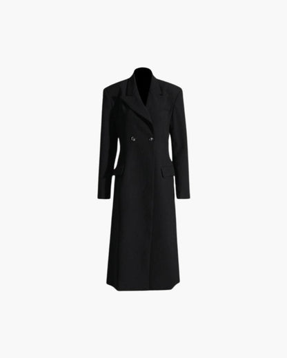 Zwart Lange Wollen Trenchcoat Met Revers Voor Vrouwen