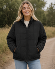 Quilted Bomber Jacket with Zipper and Side Pockets