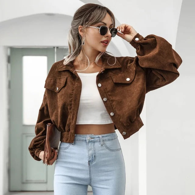 Veste bomber courte en velours côtelé pour femmes avec manches ballon