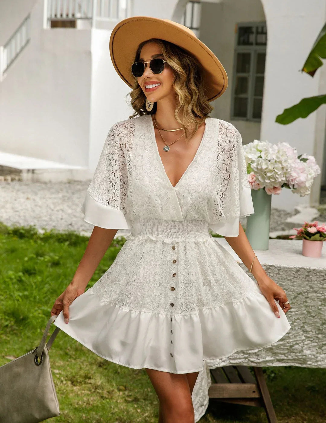 Jassmine Dress | Chic Button Lace Mini Dress