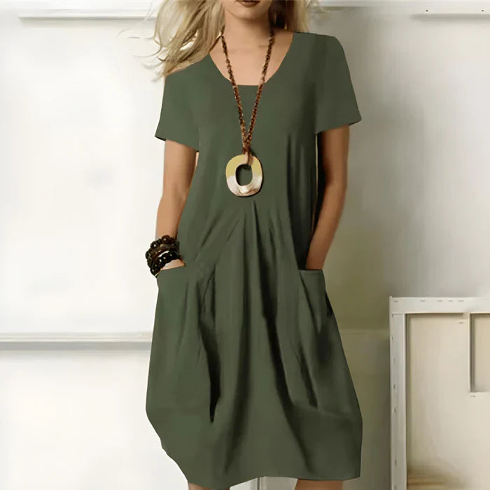 Jayani Dress | Short Sleeves Solid Color Dress with Pockets