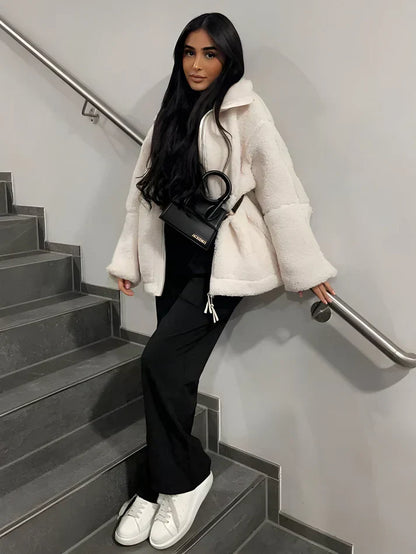 Oversized Zachte Warme Fleece Jas met Rits en Hoge Kraag Dames