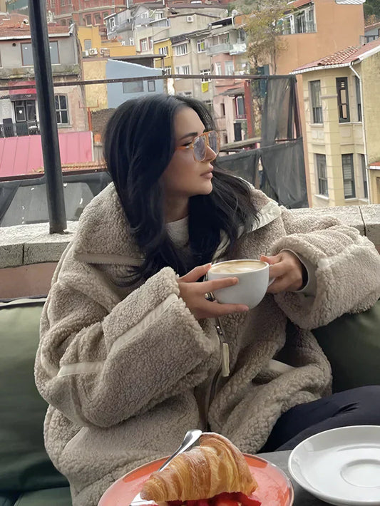 Oversized Zachte Warme Fleece Jas met Rits en Hoge Kraag Dames