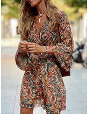 Zomerse Dames Boho Mini Jurk Met Lange Mouwen En Print