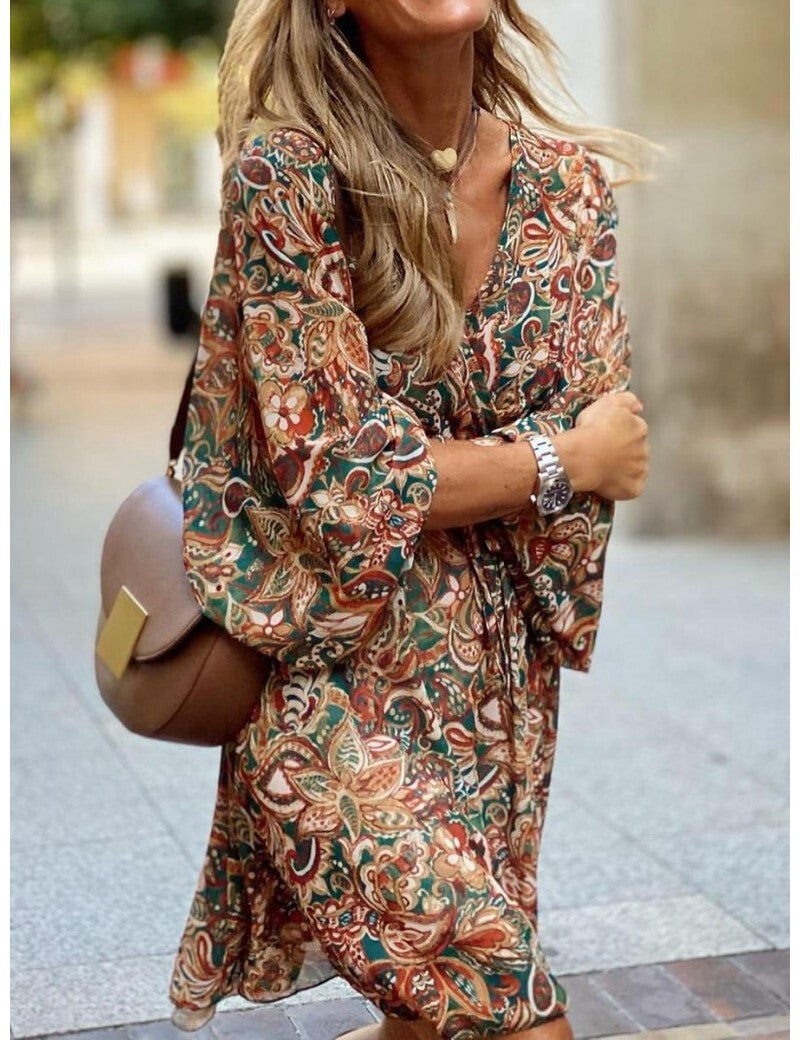 Zomerse Dames Boho Mini Jurk Met Lange Mouwen En Print